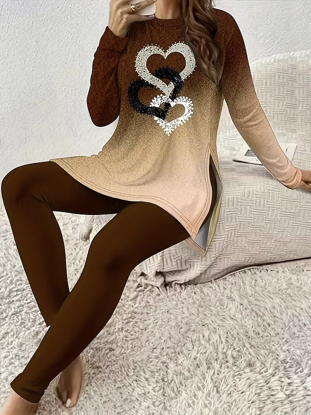 Women's T Shirt Pants Sets Long Sleeve Round Neck Ombre