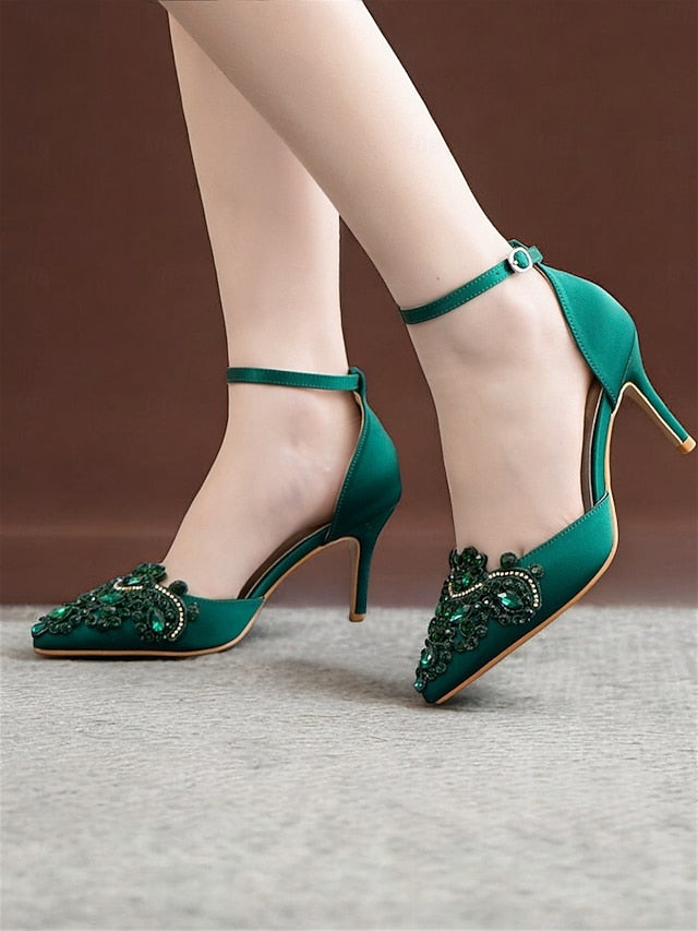 Strap Pointed Ankle Women's Satin Green – Heels Emerald