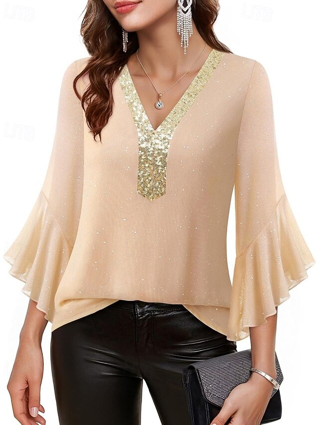 Women's Blouse Sequin Tops Patchwork Color Block Stylish