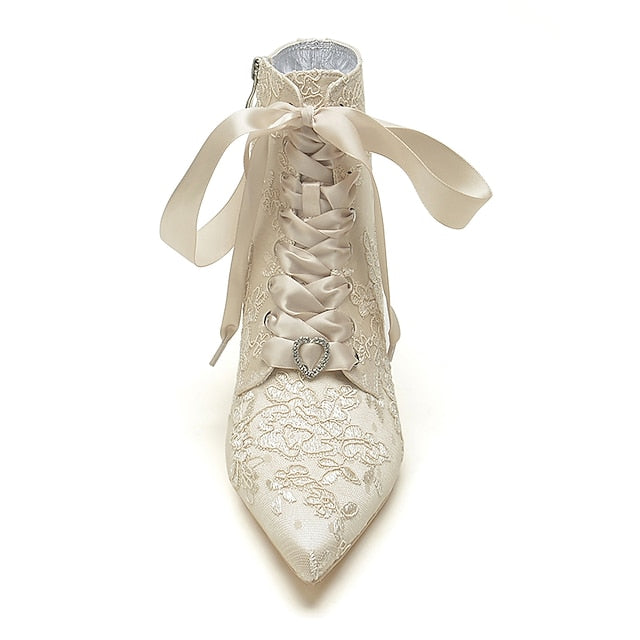 Bridal – Lace-Up White Floral Embroidered Women's Booties