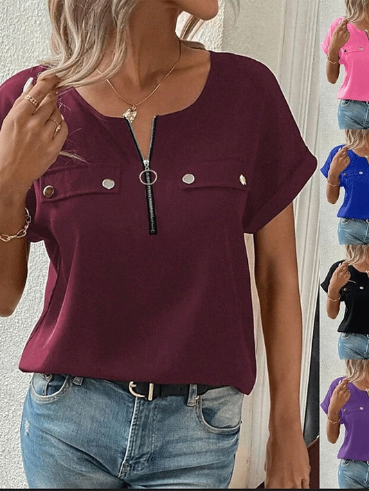 Women's T Shirt Tee Top Zipper Plain Fashion Stylish