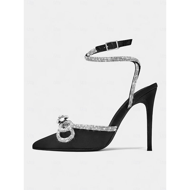 Bow Heels Women's Stiletto Rhinestone Satin and with Black