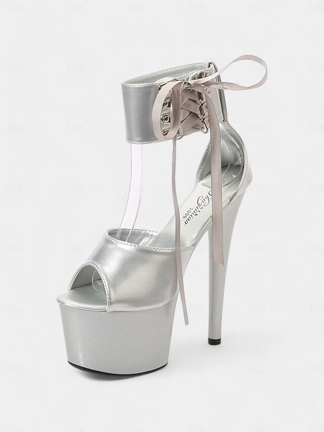 Patent Platform Sandals Lace-Up Black Straps Ankle Leather with