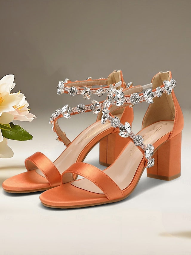 Women's with Crystal Pink Straps Heel Block Sandals Satin