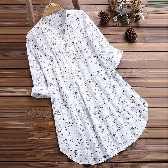 Long Cotton Top White Cotton Blouse Women's White Blue