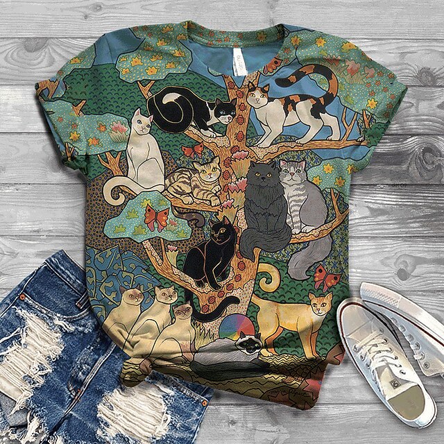 Women's T Shirt Streetwear Preppy Cat Print Short Sleeve