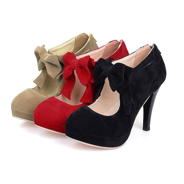 Platform Bow Pumps Heel – Suede High Vintage Red Women's