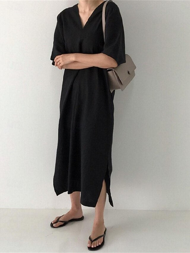 Women's Black Apricot Summer Spring Maxi Dress Cotton Blend