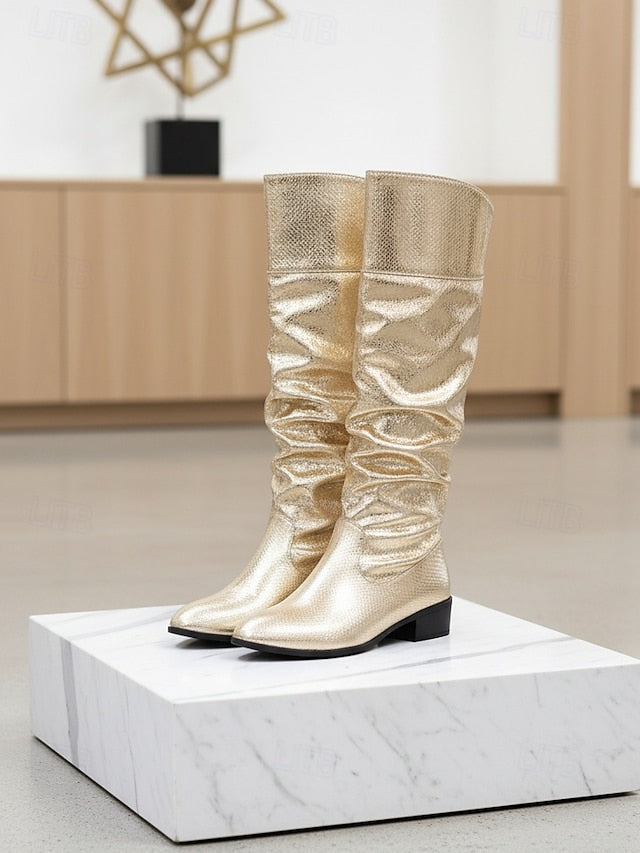 Slouch High Knee Women's Boots Shiny Party - Gold Metallic