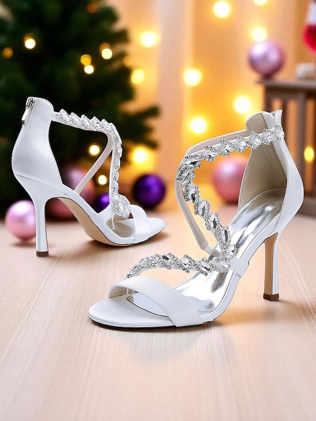 Strappy Sandals Heel Women's White Rhinestone - High
