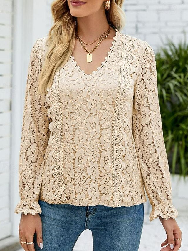 Women's Elegant Lace Tops Eyelet Blouse Elegant Solid Color