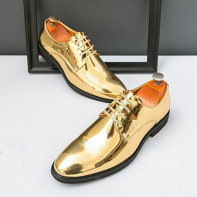 Lace-Up – Men Leather Patent Shiny for Sleek Gold Shoes