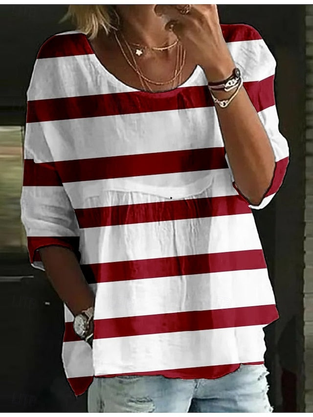 Women's Blouse Print Striped Stylish 3/4 Length Sleeve Crew