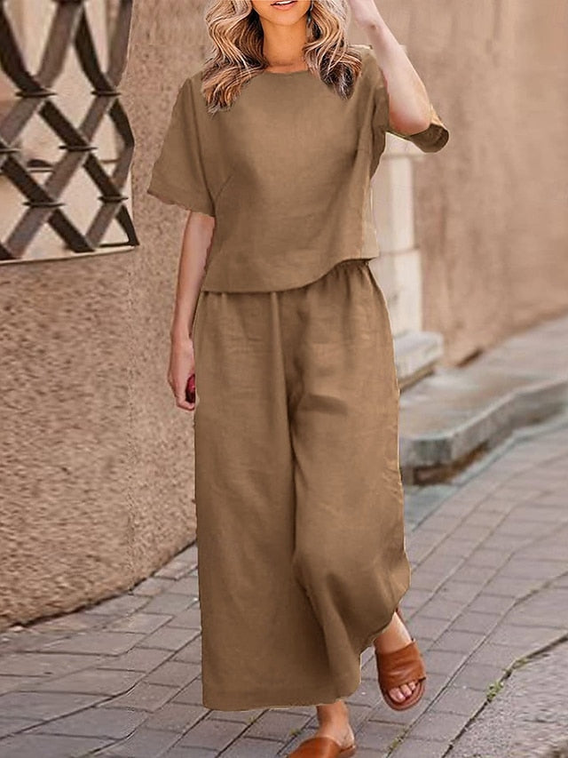 Women's Pants Sets Faux Cotton Linen Short Sleeve Plain