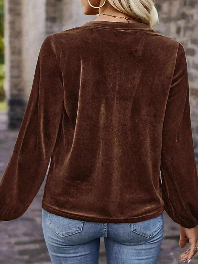 Women's Velvet Elegant Dressy Blouse Buttons Solid Color