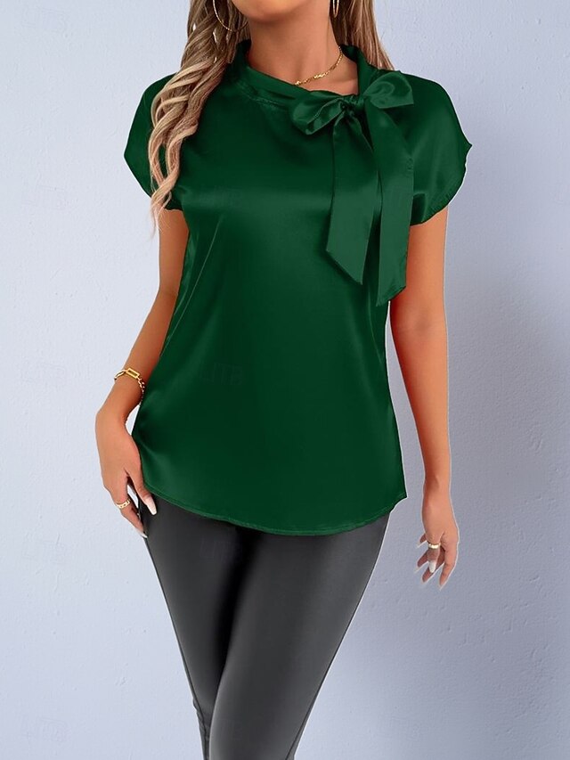 Women's Shirt Satin Shirt Casual Shirt Bow Plain Stylish