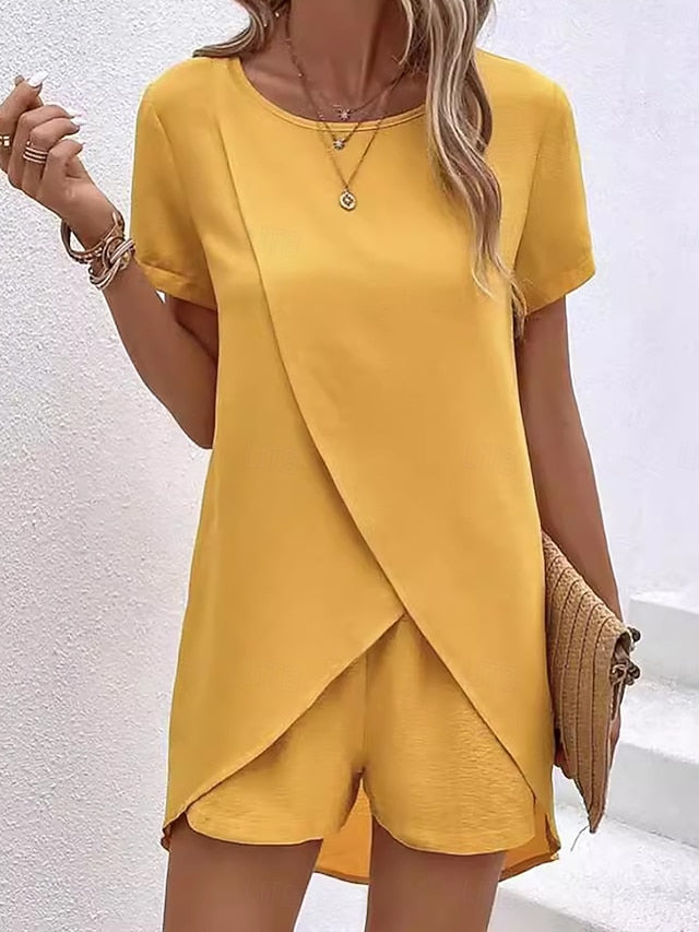 Women's Shorts Sets Short Sleeve Crew Neck Plain Ruched