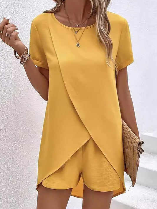 Women's Shorts Sets Short Sleeve Crew Neck Plain Ruched