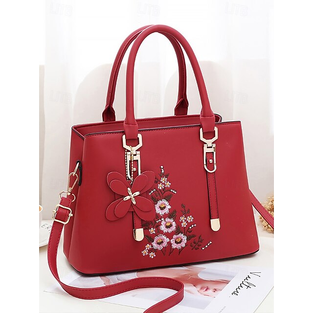 Embroidery Leather Faux Green Floral with Handbag Women's