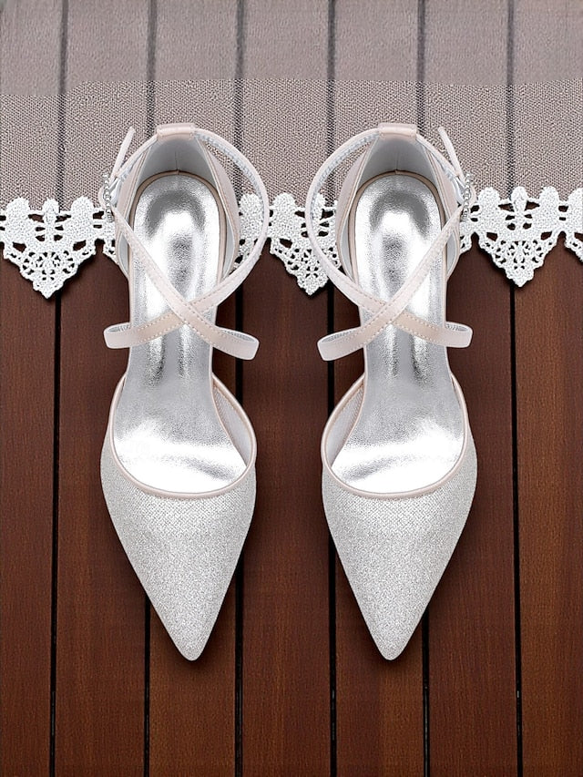 Ankle Glitter Heels Elegant Silver - Women's Stiletto Strap