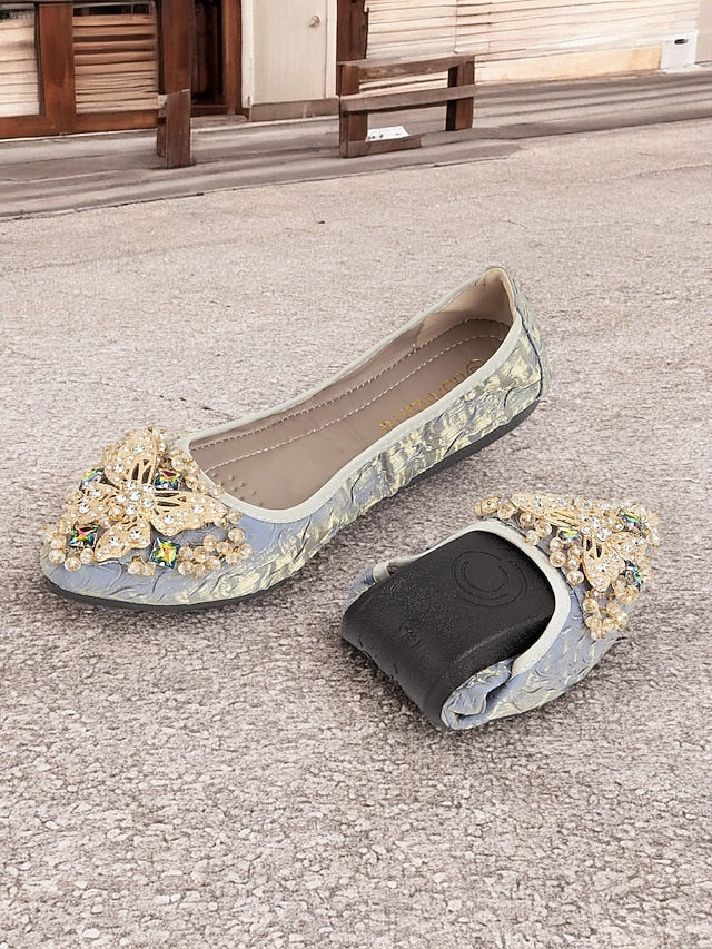 Foldable with Ballet Women's Flats Embroidered Beaded
