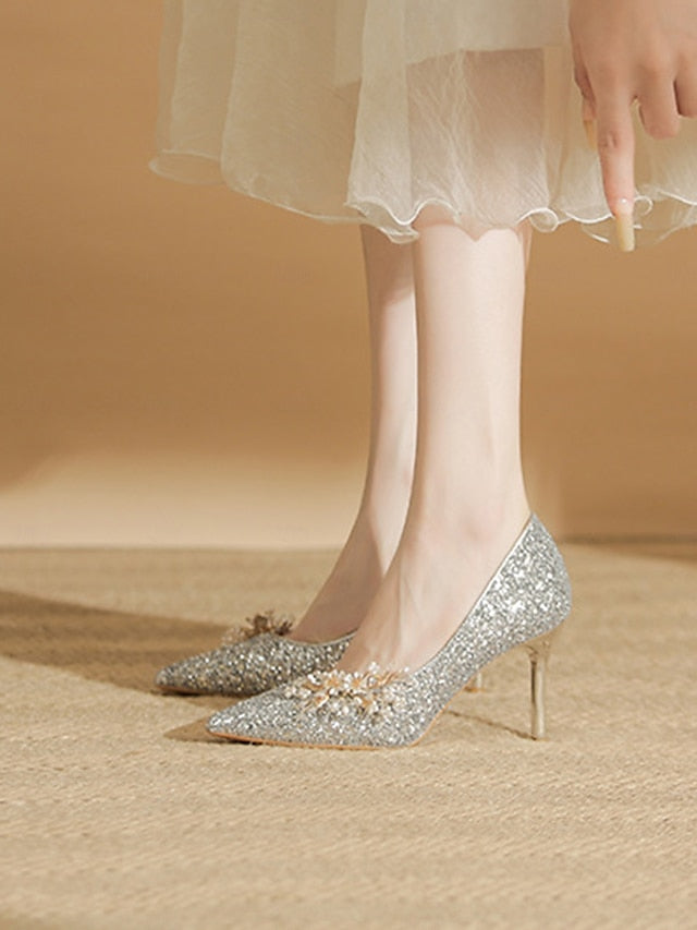 with Silver Heels Women's Stiletto Floral Glitter