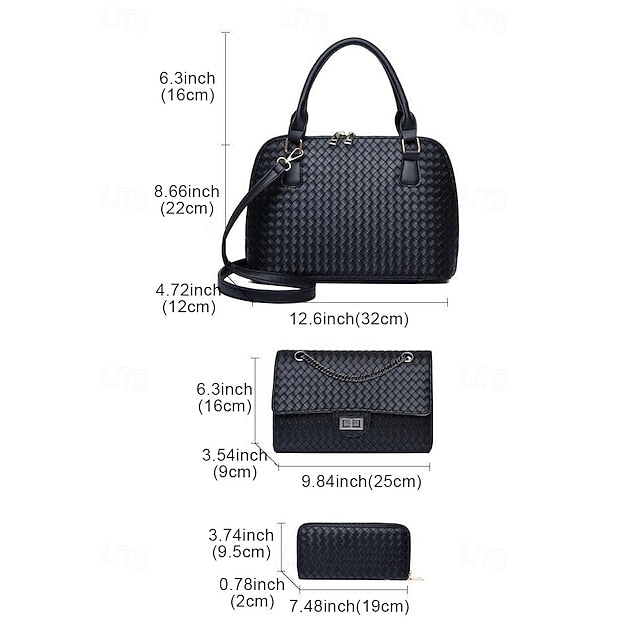 Faux Set Handbag Brown Women's Woven 3-Piece Leather –
