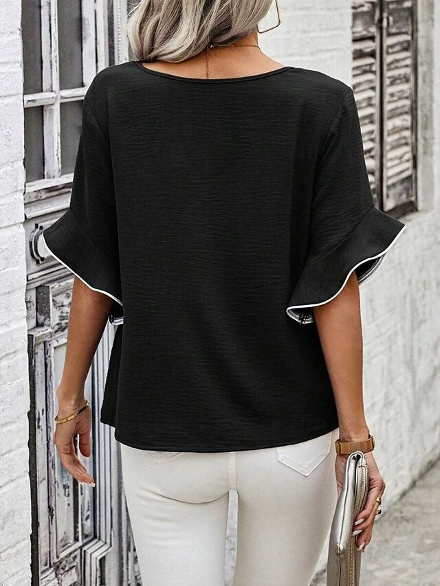 Women's Blouse Ruffle Solid Color Stylish Casual 3/4 Length