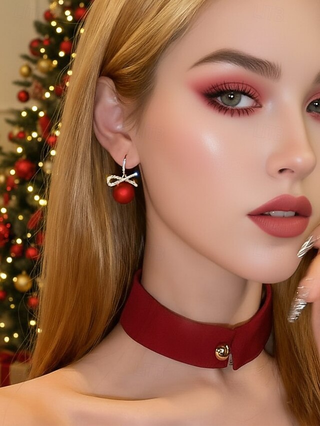 Bow Women's with Rhinestone Earrings Pearl Christmas and