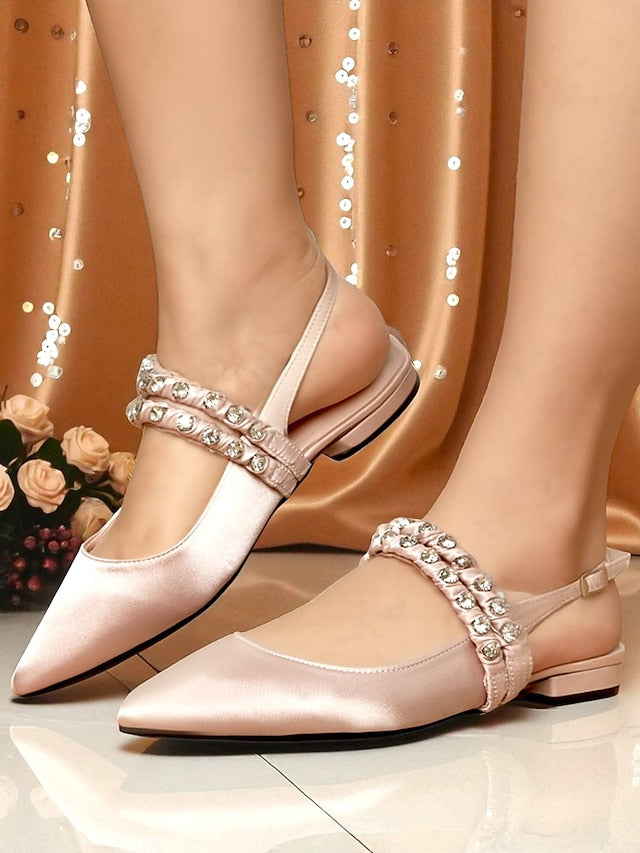 Women's - Slingback Rhinestone Flats Pointed Satin Toe
