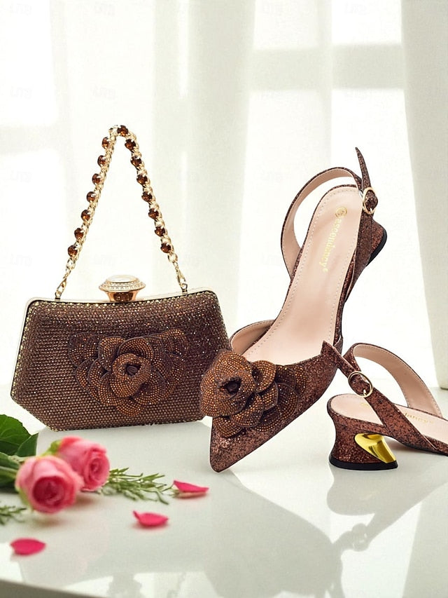 Evening Glitter Heels Clutch Matching and Slingback Women's