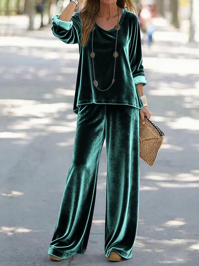 Women's Pants Sets Long Sleeve V Neck Solid Color Fashion