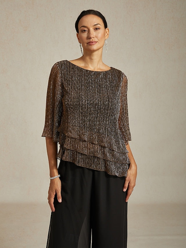 Women's Blouse Chiffon Tops Lace Tops Ruched Glitter Solid