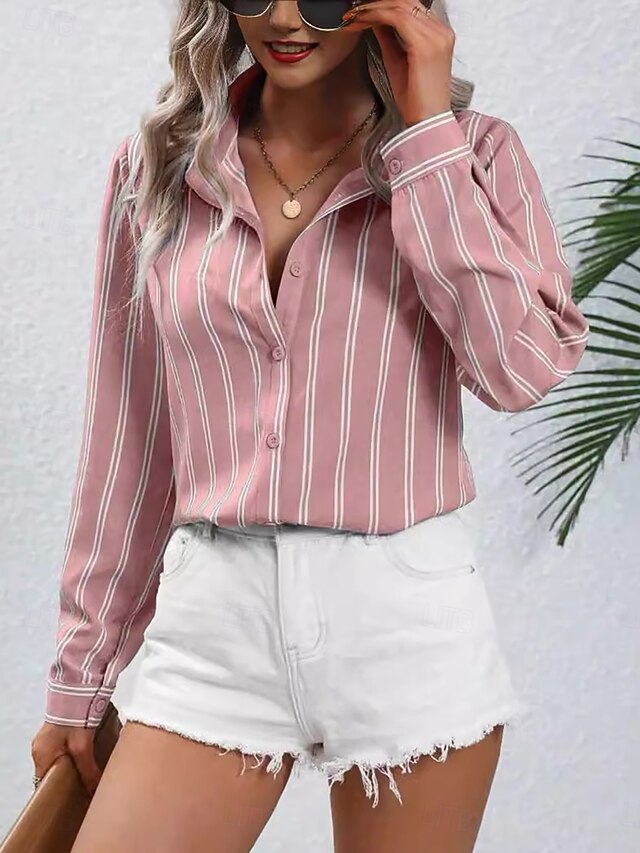 Women's Shirt Blouse Patchwork Buttons Striped Elegant