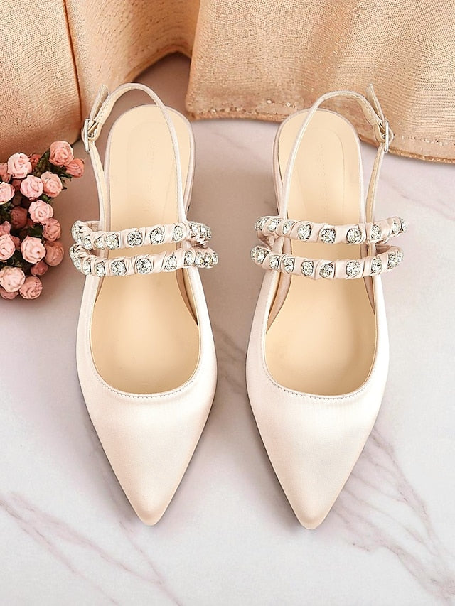 Women's - Slingback Rhinestone Flats Pointed Satin Toe