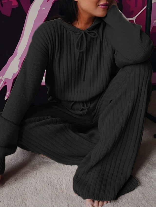 Women's Pants Sets Bolero Top Long Sleeve Hooded Solid