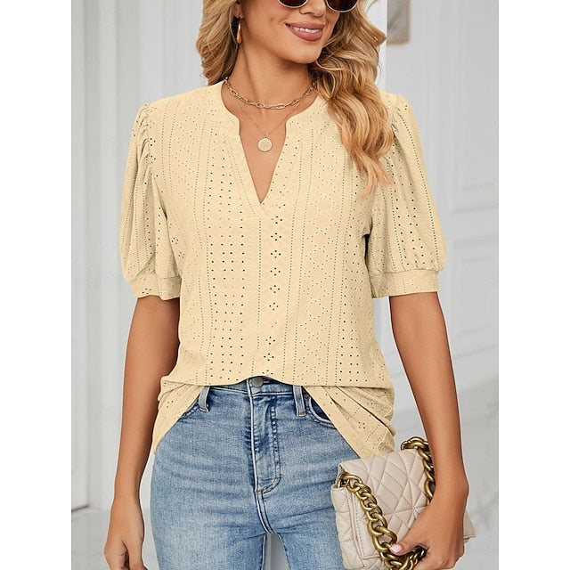 Women's T Shirt Eyelet Plain Fashion Modern Casual Short