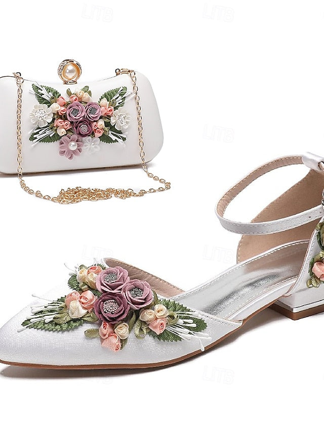 White Matching Embroidered – Floral with Clutch Shoes Flat