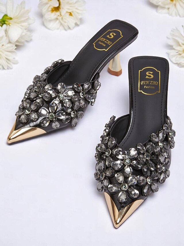 Pointed-Toe Mules – Black Embellished Women's Rhinestone
