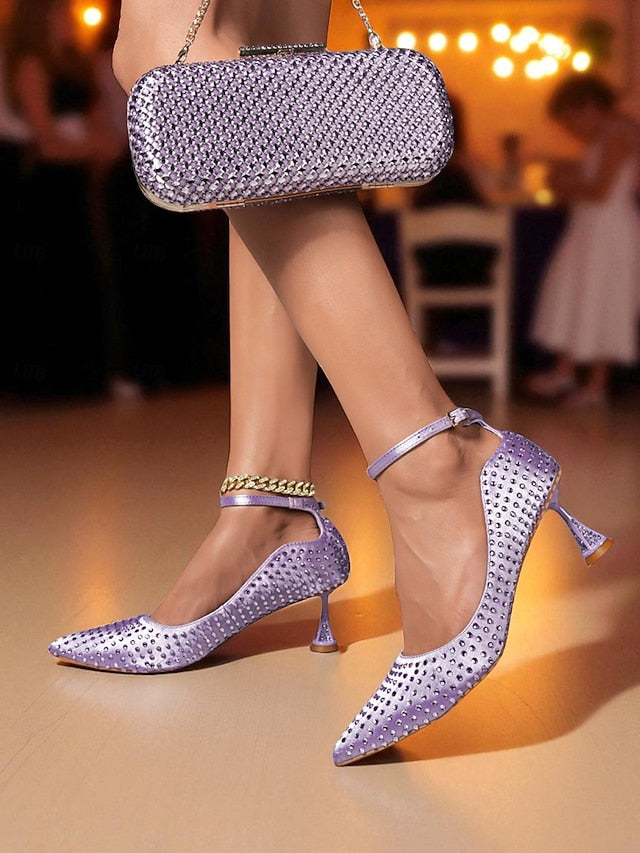 and Women's Set Green Matching Heels Bag Rhinestone Clutch