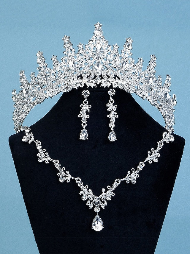 and Sparkling Diamond Set Crown Tiara Necklace – Gold-Plated