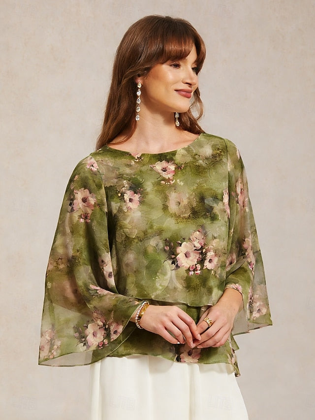 Women's Sheer Blouse Chiffon Tops Lace up Floral Elegant