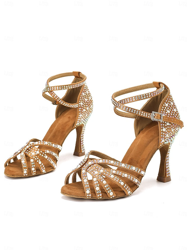 Tan Latin with Rhinestone-Embellished Sandals High Heel Dance