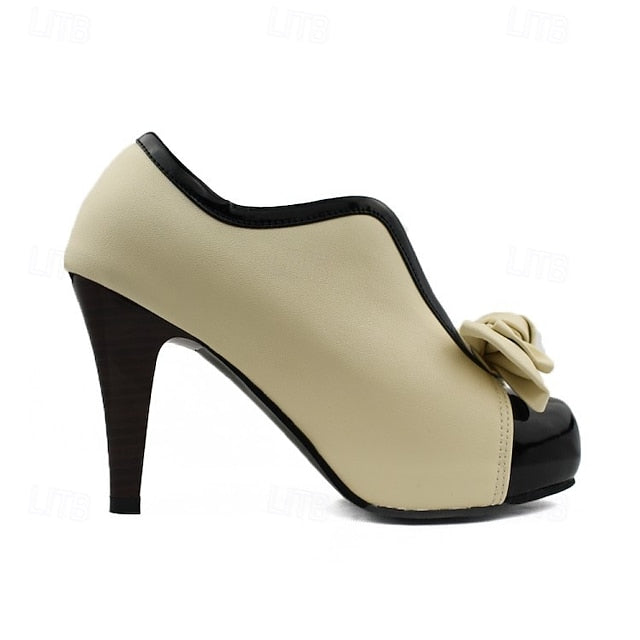 with Two-Tone Boots Ankle Bow-Embellished Heeled Women's