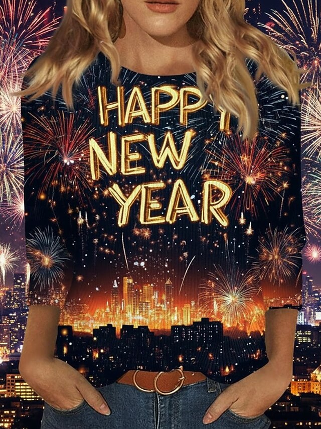 New Year Women's T Shirt Print Graphic Geometric Vintage