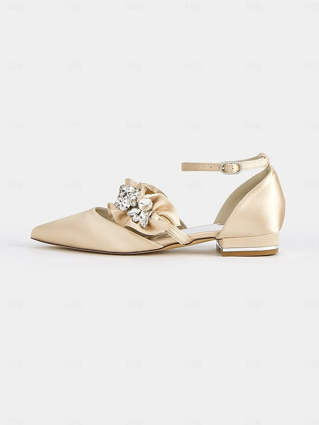 with Pointed-Toe Satin Women's Rhinestone Black Flats