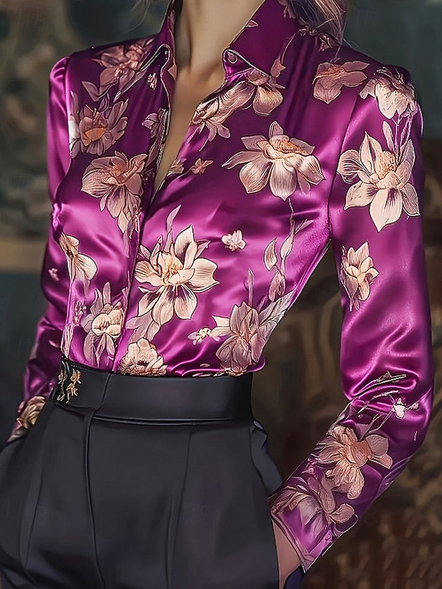 Women's Shirt Elegant Satin Top Blouse Buttons Print Floral