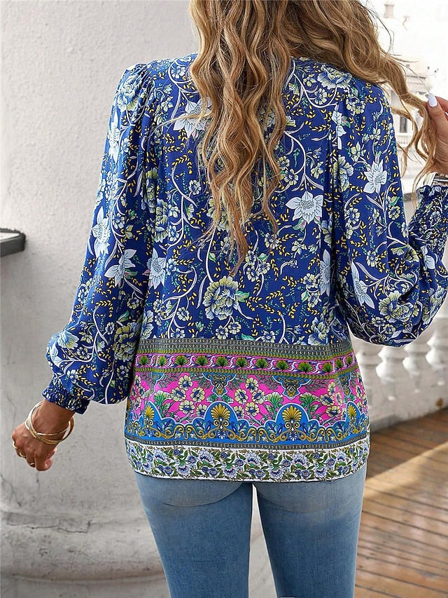 Women's Shirt Blouse Casual Boho Floral Lace up Print Long