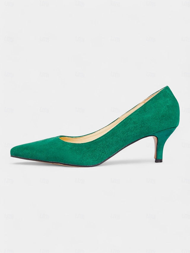 with Emerald Pointed-Toe Suede Green Women's Kitten Pumps
