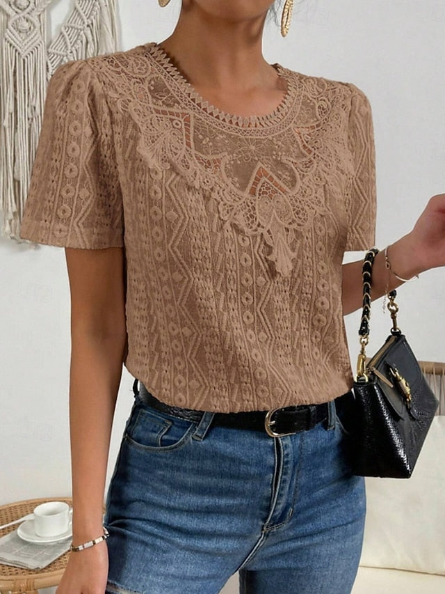 Women's T Shirt Lace Patchwork Plain Fashion Modern Casual